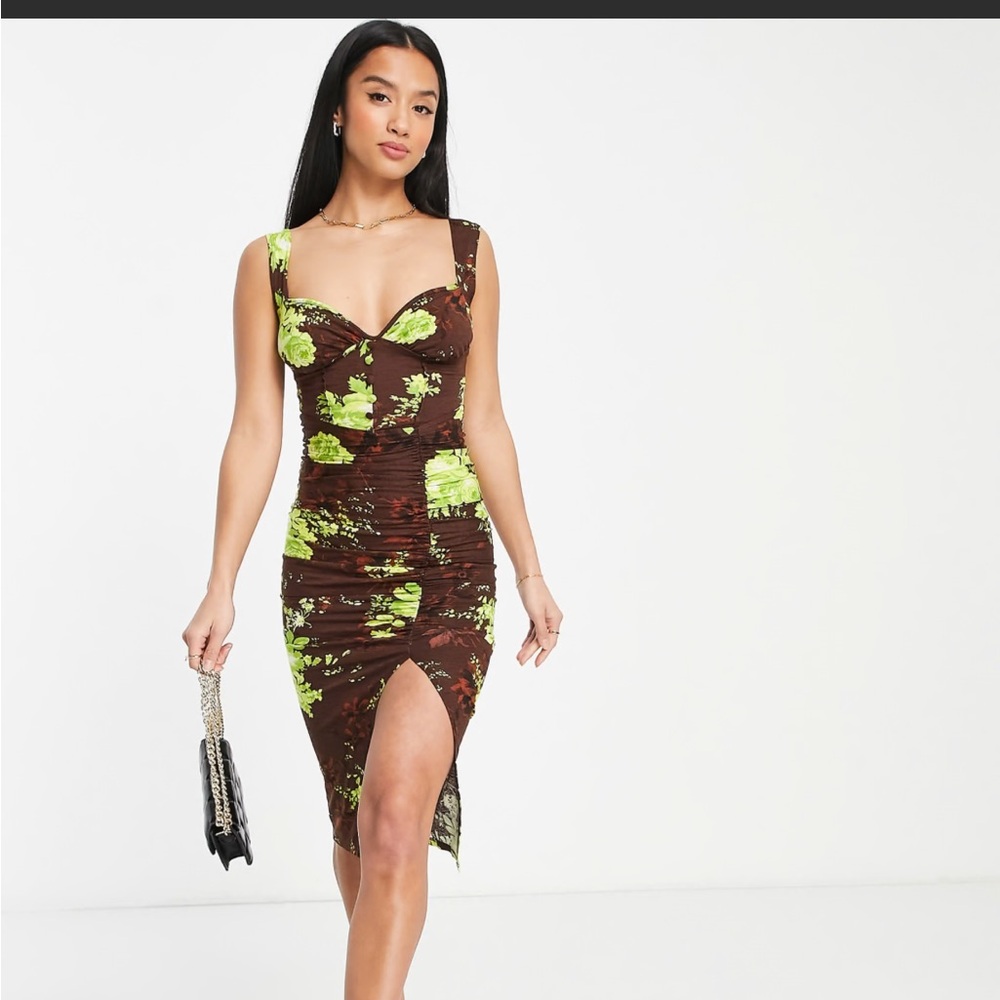 NWOT - ASOS DESIGN Petite corset button detail ruched midi dress in lime floral
